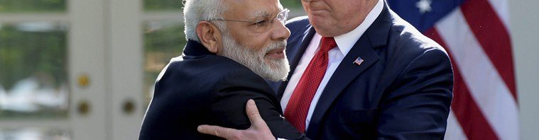 Washington : President Donald Trump and Indian Prime Minister Narendra Modi hug while making statements in the Rose Garden of the White House in Washington, Monday, June 26, 2017. AP/PTI(AP6_27_2017_000042B)