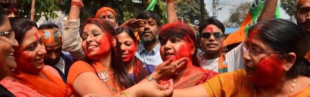 It’s set to be a special ‘Holi’ for India’s Prime Minister Narendra Modi and the Bharatiya Janata Party he leads. Saffron is the reigning colour as wild celebrations erupted outside the BJP’s national headquarters in Delhi and UP’s capital city of Lucknow. Swamped by fervour of this huge victory, party activists splashed a rainbow of colours, distributed sweets and set off crackers.